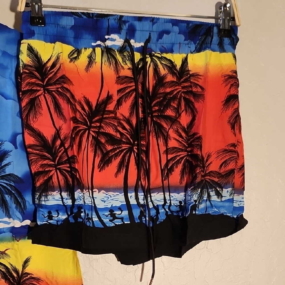 Tropical Palm Tree Button Shirt and Shorts w Pockets Set Medium - Picture 4 of 8
